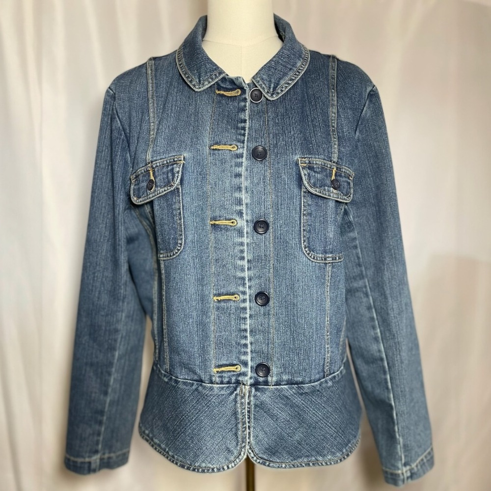St. John's Bay Denim Blazer Jacket Women's Large Stretch Fitted Button Front Blu